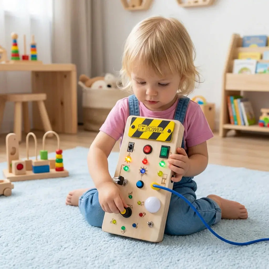 Montessori-sensorinen puutaulu valoilla ja kytkimillä – motorinen oppimislelu lapsille